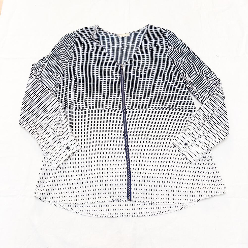 Pleione Grid Patterned Blue Zip Top Long Sleeve Blouse Size Medium